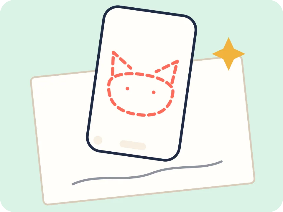 Camera trace view with a see-through cat template over a sheet of paper